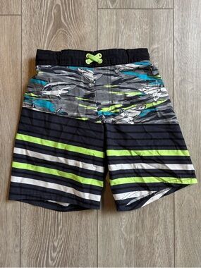Boys Shark Print Swim Shorts in Neon Green and Black